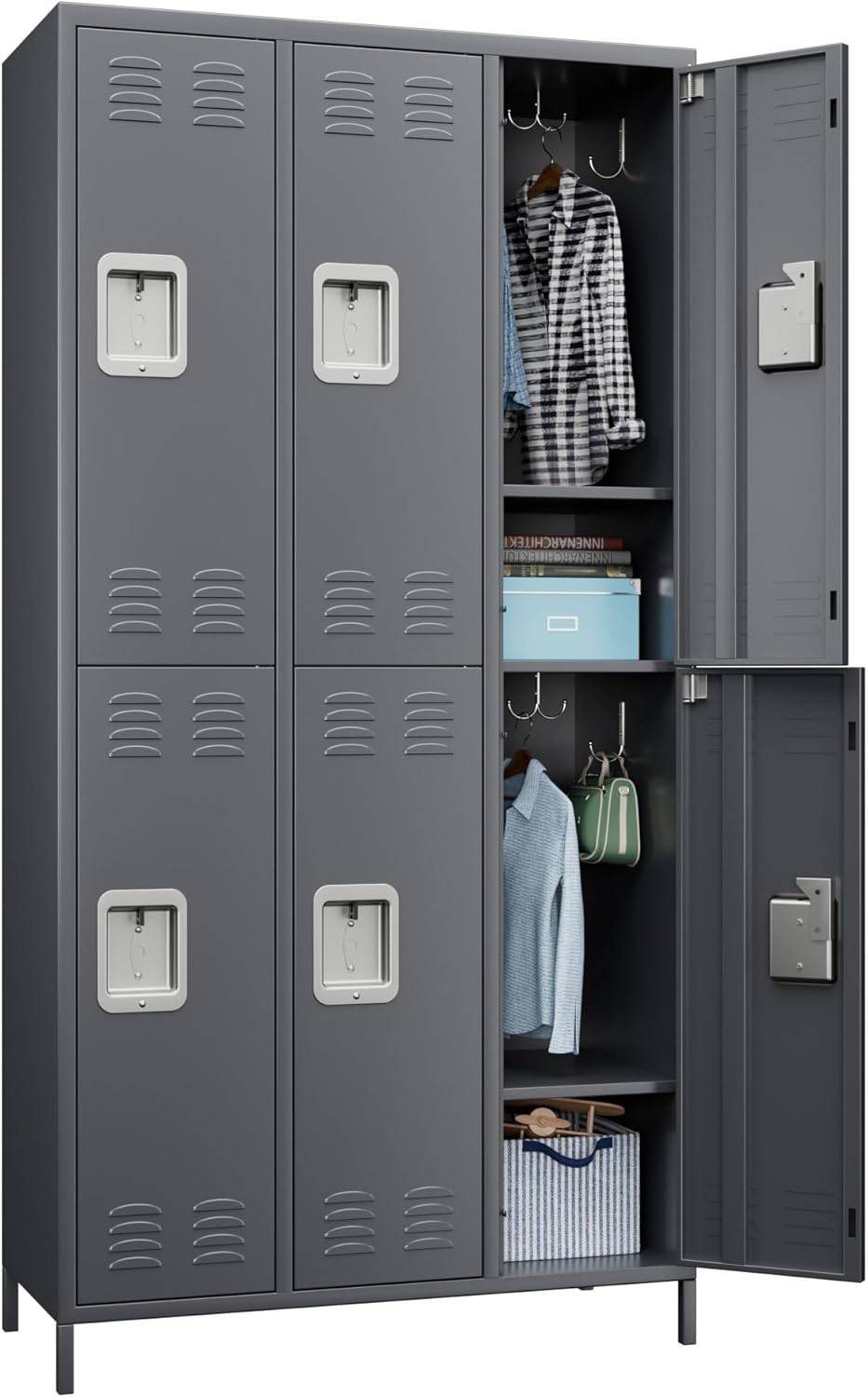 6 Doors Metal Lockers for Employees with Lock, Metal Locker with 18 Hooks for School Garage Office Gym Home,Assembly Required,Dark Grey
