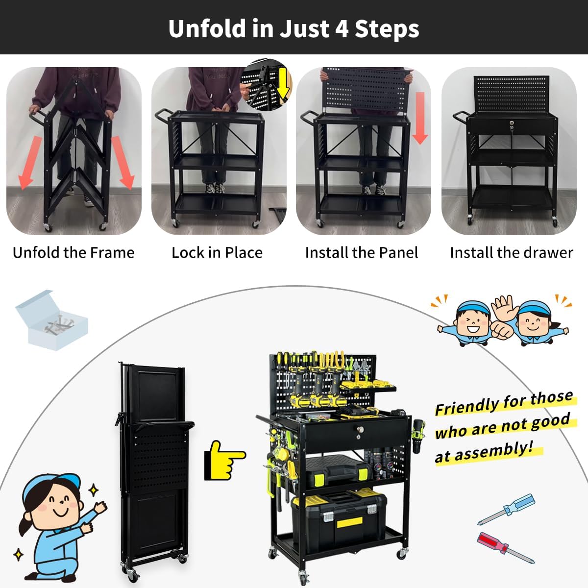 Lumizone Folding Tool Cart with Drawer and Pegboard Hooks Rolling Utility Service Cart on Wheels for Garage Organizer Foldable Power Tool Storage Heavy Duty Steel (Tool Cart with Drawer+Hooks)