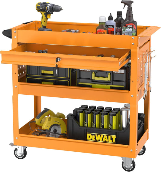 3 Tier Rolling Cart, Heavy Duty Utility Industrial Service Carts on Wheels, Metal Tool Cart with Locked Drawers, Ideal for Garage, Warehouse and Repair Shop（Orange）