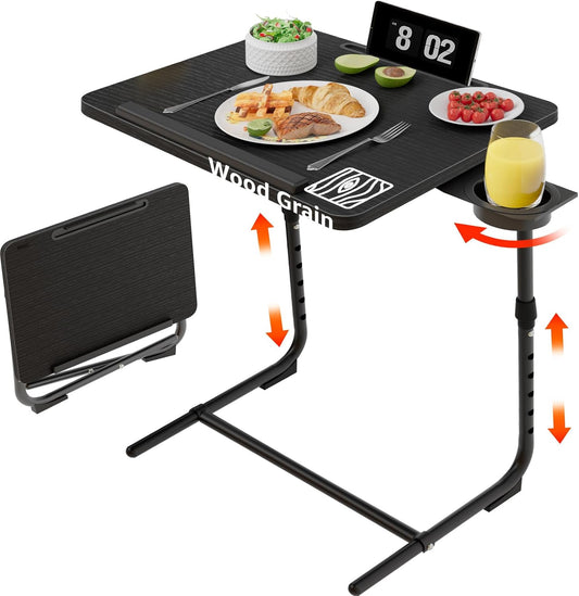 Adjustable TV Tray Black Dinner - Folding Trays for Eating On Couch Wooden Tables Mate Stand Foldable Desk with Cup Holder Portable