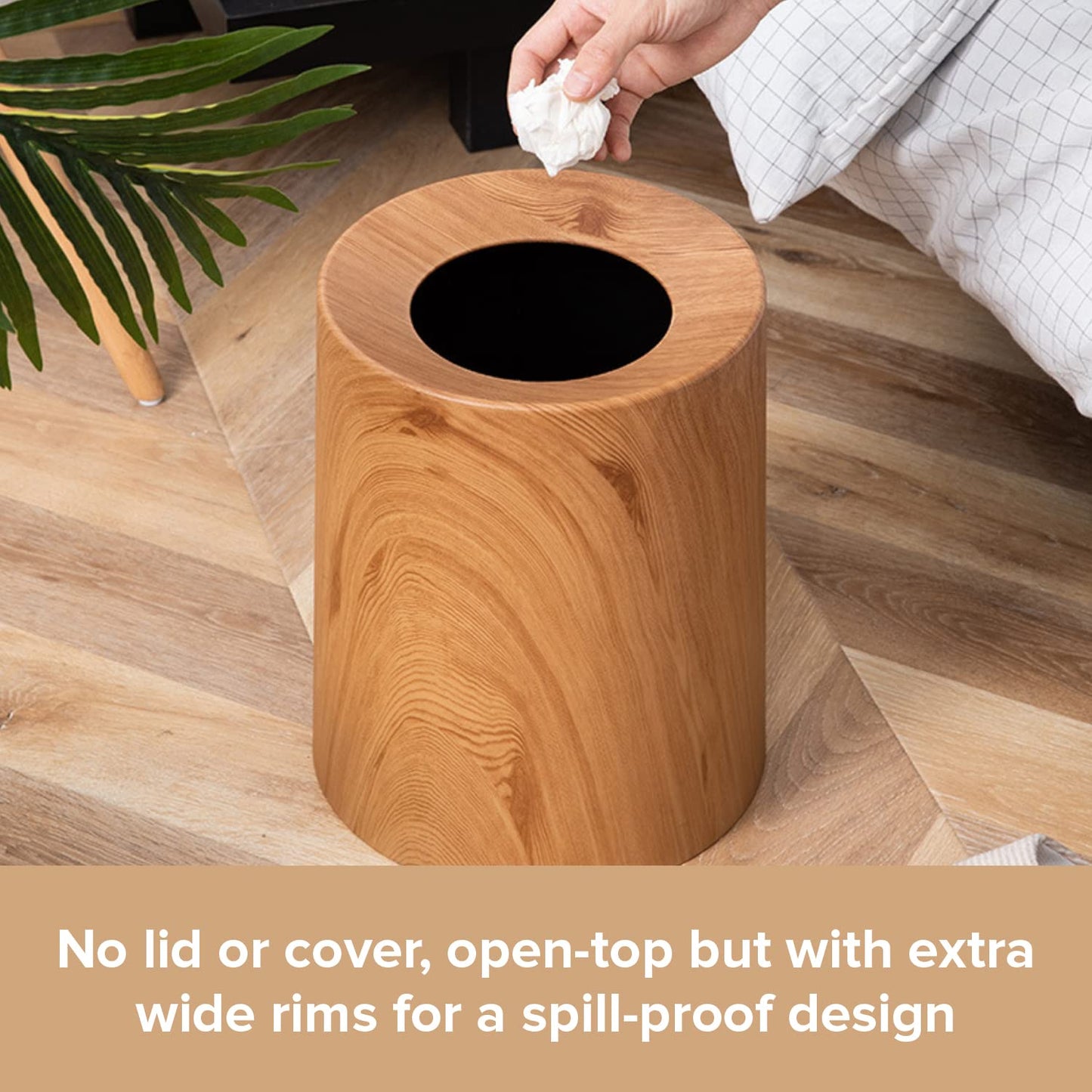 Anti Spill Nordic Wood Grain Look Waste Basket - Kids Pet Proof Garbage Container - Safer & Cleaner Indoor Outdoor Trash Can 3.2Gal - Patio Yard Entry Garbage Can - Round Modern Design 10"x10"x12"