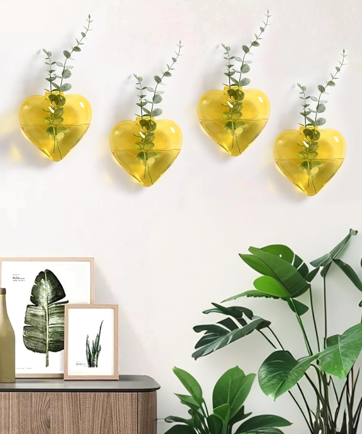 Nacome Wall Hanging Glass Planter Terrarium Plant Propagation Station, 4 Pack Heart Shape Vase for Hydroponic Home Office Garden Decor,Unique Gardening Gifts for Plant Lovers Women Mom(Yellow)