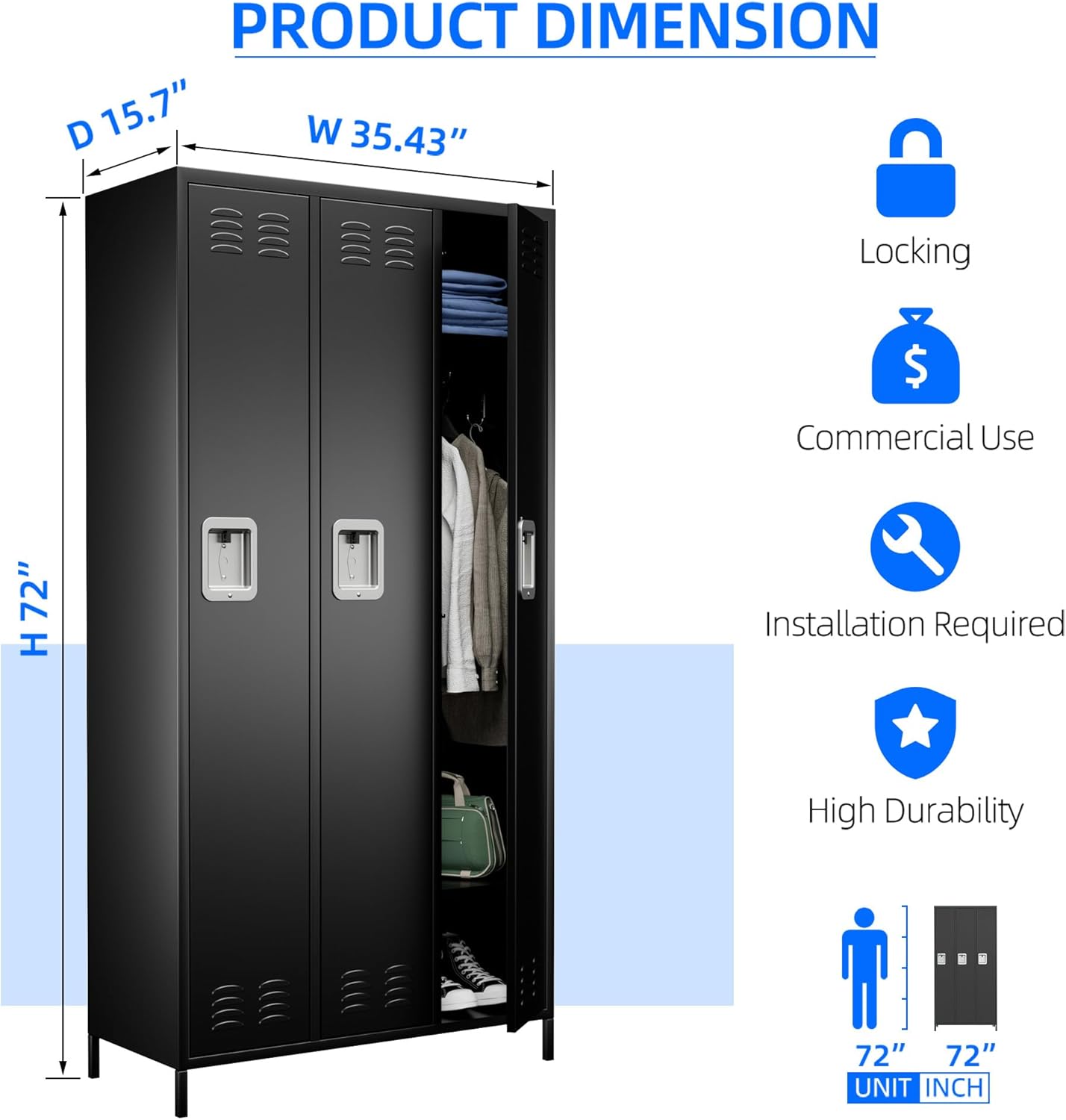 METAN Metal Locker for School Office Gym Bedroom,3 Doors Steel Storage Locker Cabinet for Employees,Industrial Storage Locker with 2 Shelves,Assembly Required (3 Door-Black)
