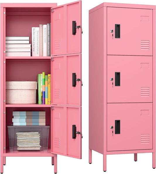 METAN Metal Storage Employees Locker with 3 Lockable Doors,47''H*16''W*16''D Locking Storage Cabinets for Small Spaces,Home,School,Gym,Assembly Required,Pink