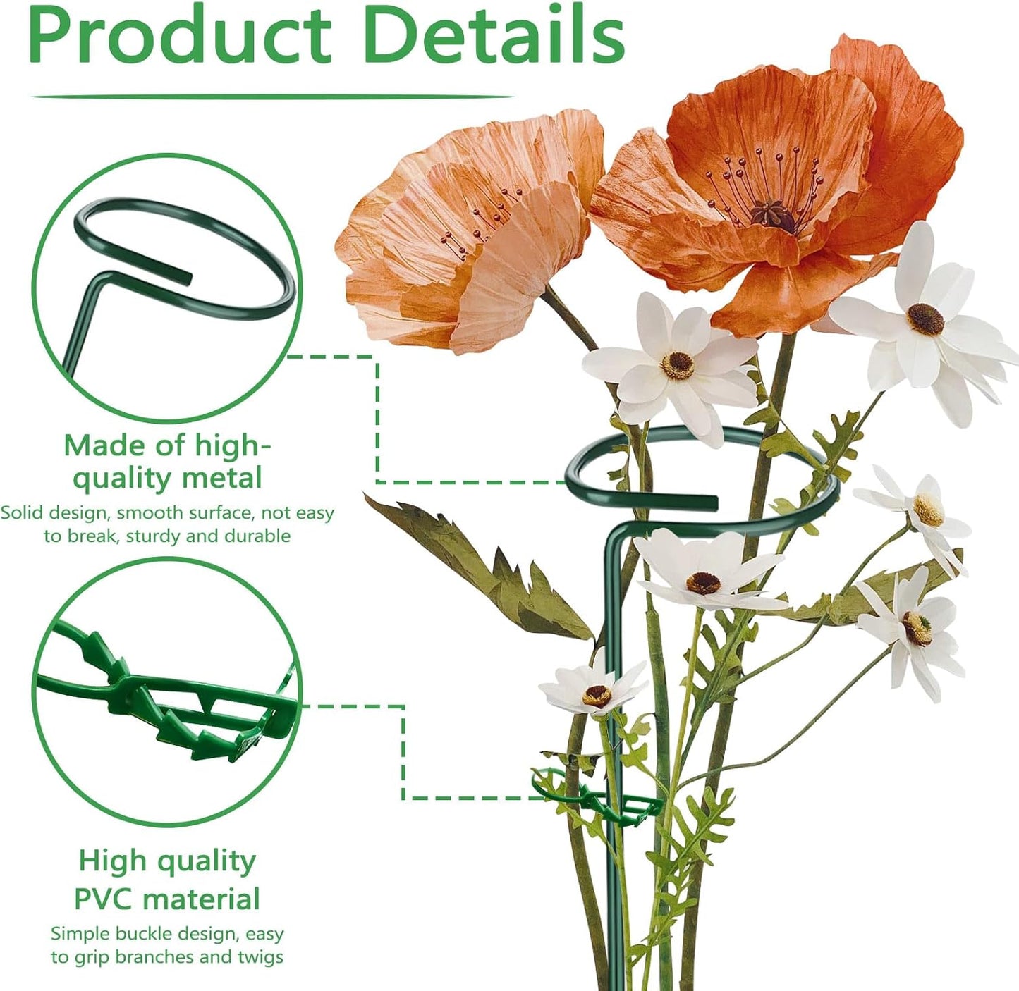 Huakaile 4 Packs Adjustable 35.4" Plant Stakes and Supports with 30 Pieces 9" Twist Ties, Green Plant Holder Stick Outdoor Indoor, Metal Flower Support Stakes Rings for Gardens Vegetables (90 cm)