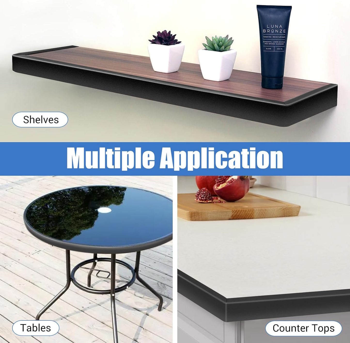 Rubber Edge Trim, Self-Adhesive U Shaped Edge Protector for Plywood, Cabinet, 2-1/4" Wood Edge Banding, Flexible Furniture Repair, EPDM Material, Fit 2-1/4"(57mm), Length 20Ft, Black