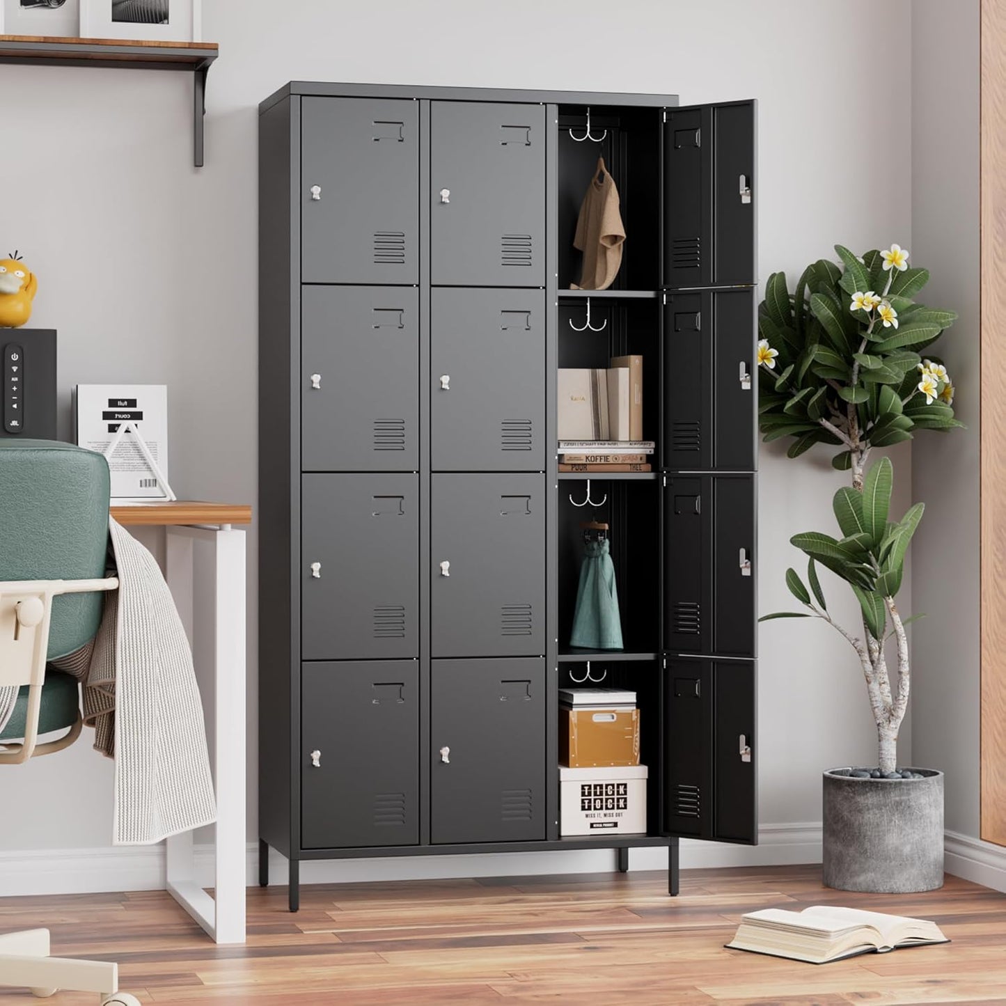 12 Doors Metal Lockers for Employees with 12 Hooks, Storage Locker with Business Card Holder for Office Gym School Bedroom, Assembly Required, Black