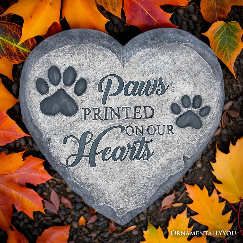 Elegant Resin Stepping Stone, Outdoor Garden Pathway Decoration (Paws Printed on Our Hearts Memorial Stepping Stone for Pet, 9.5" Dog Funeral and Pet Cemetery Decor)