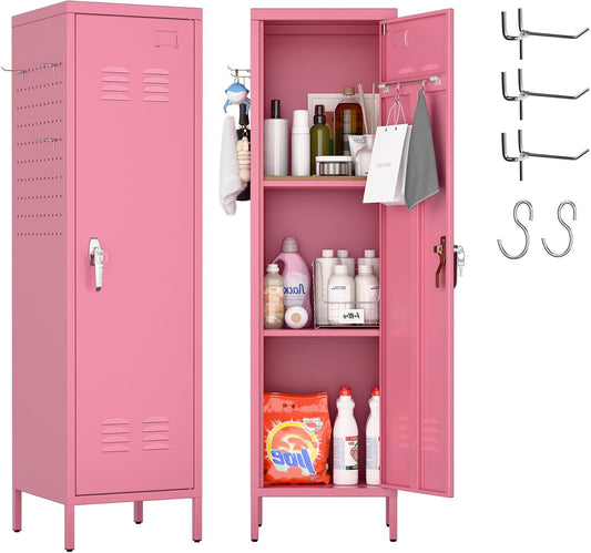 METAN Metal Storage Lockers with Handle Lock and 2 Adjustable Shelves,Office Storage Locker with Pegboards and Hooks,Assembly Required,Pink