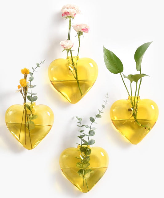 Nacome Wall Hanging Glass Planter Terrarium Plant Propagation Station, 4 Pack Heart Shape Vase for Hydroponic Home Office Garden Decor,Unique Gardening Gifts for Plant Lovers Women Mom(Yellow)