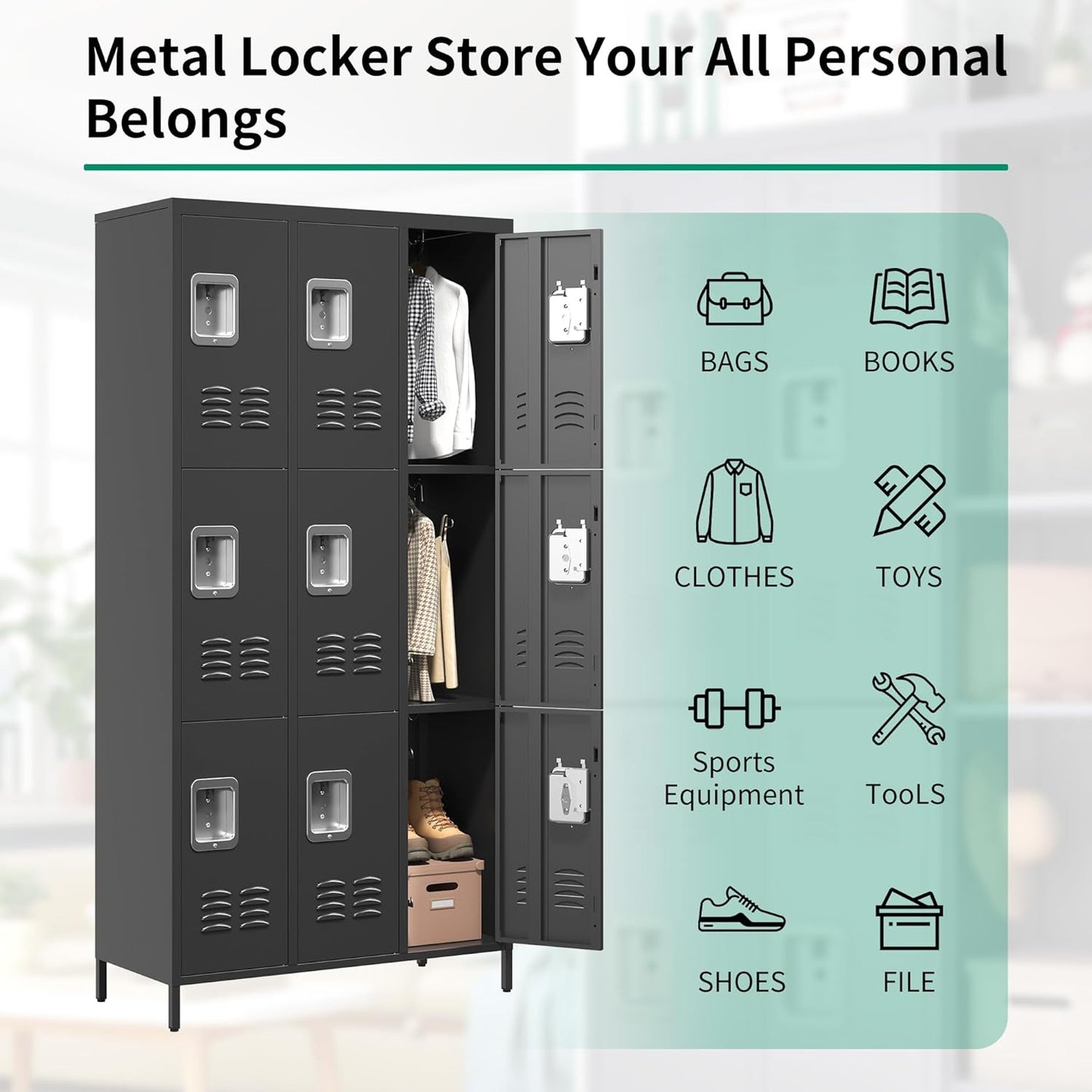 Metal Lockers for Employees, Storage Employee Locker, 72" Storage Lockers with Shelves Steel Cabinet for Home (Black, 9 door-72'')