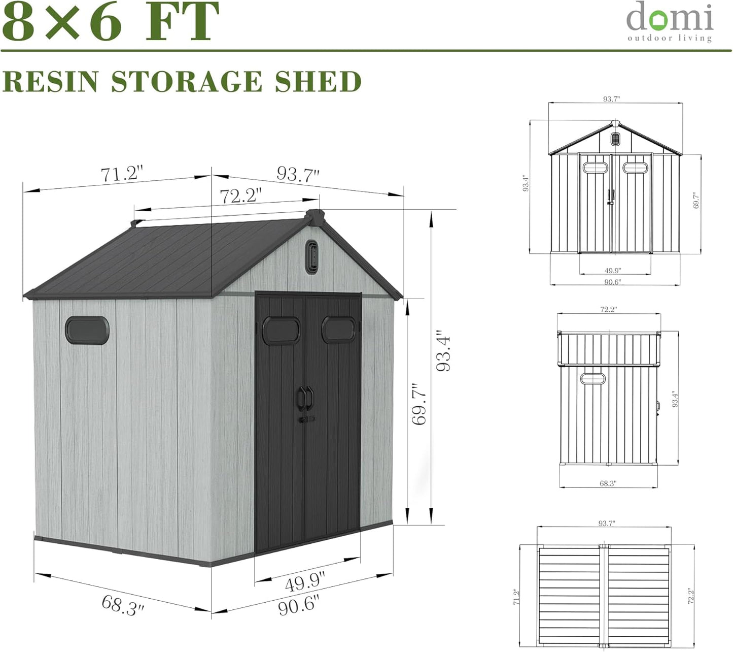 Domi 8x6FT Outdoor Resin Storage Shed with Transparent Windows & Louvered Vents, Plastic Tool Shed with Double Lockable Doors & Gable Roof, Outside Garden Shed for Backyard, Patio, Lawn, Grey