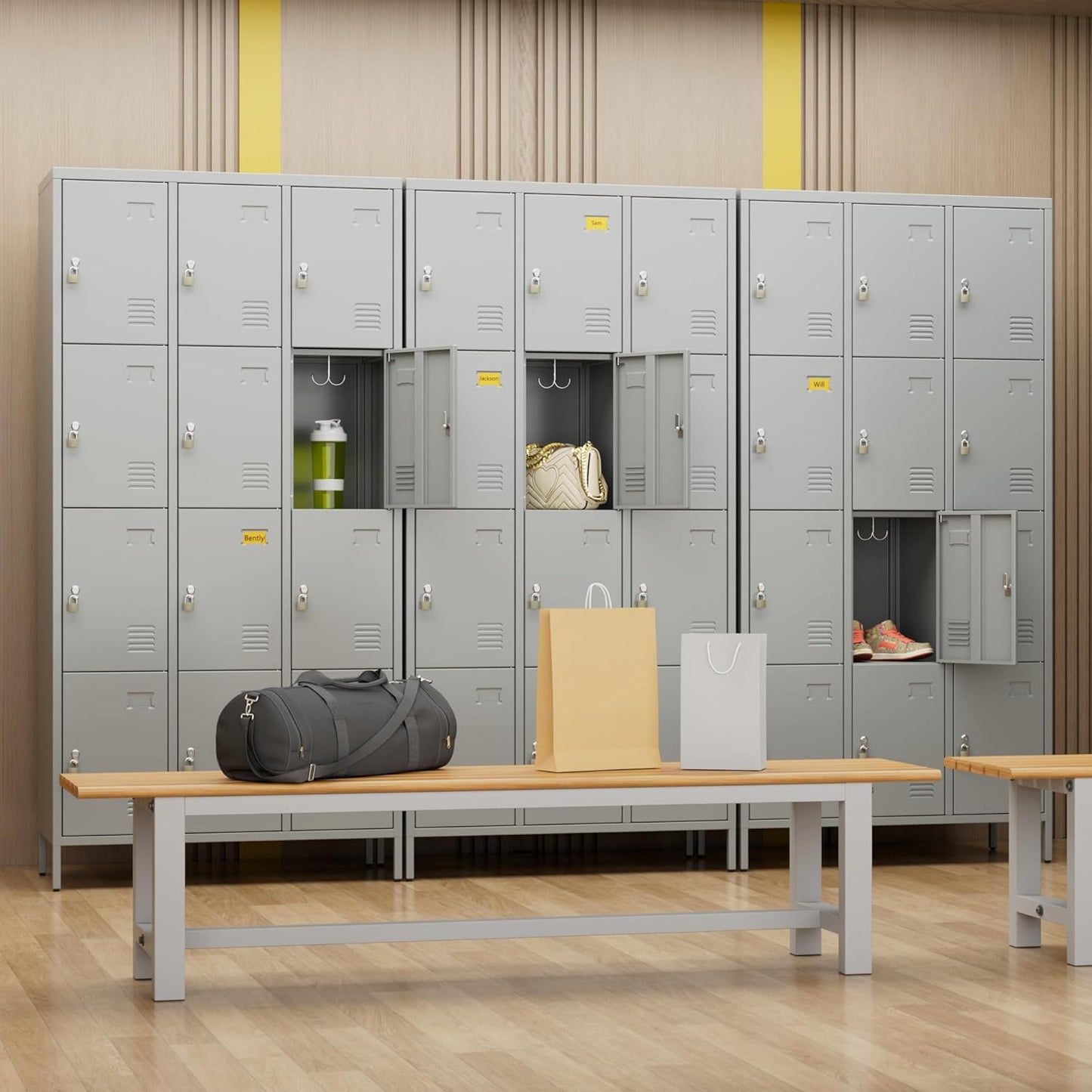 12 Doors Employee Lockers,Metal Storage Lockers for Employees with 12 Hooks for Offices School Gyms Home,Assembly Required,Light Gray