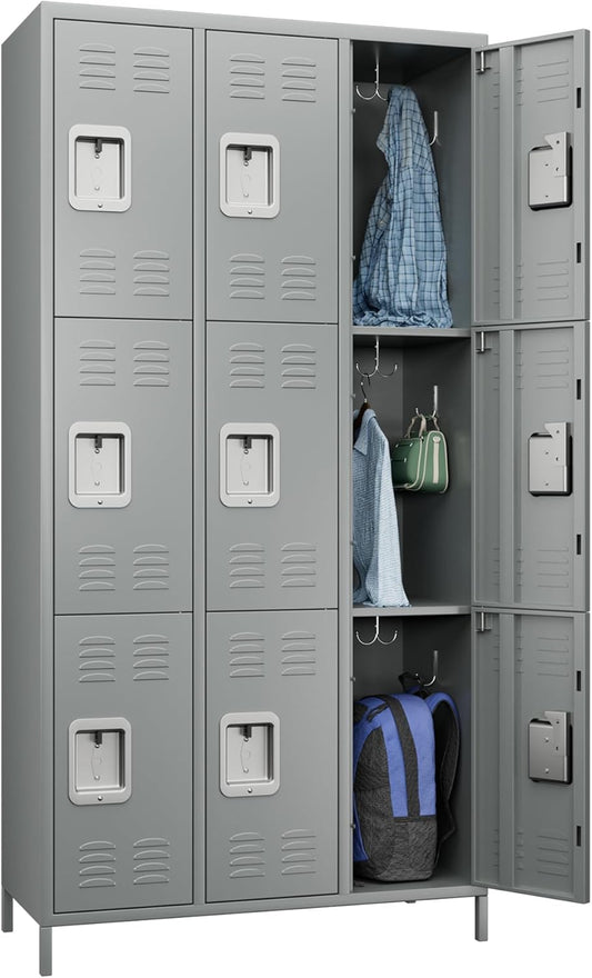 9 Doors Metal Lockers for Employees with 27 Hooks for Offices School Gyms Home,Assembly Required, Light Gray