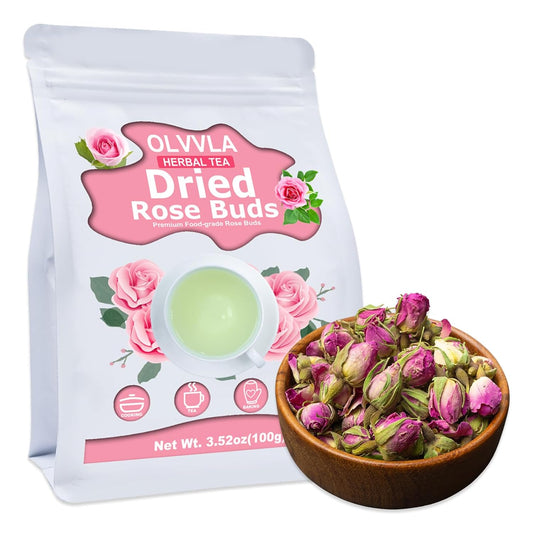 Olvvla - Dried Rose Bud For Fragrant Herbal Tea - 3.52oz/100g - Delicate Sweet and Refreshing - Natural Pink Rosebud Flower for Tisane, Decorative Desserts