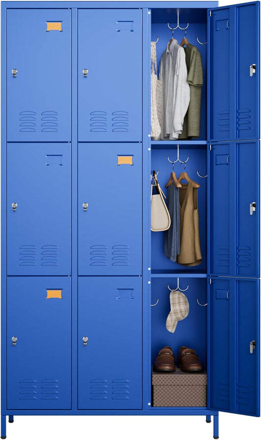 9 Doors Metal Locker for Employees with 27 Hooks and Business Card Holder,Metal Locker with Ventilation Holes for School Garage Office Gym Home,Assembly Required,Blue