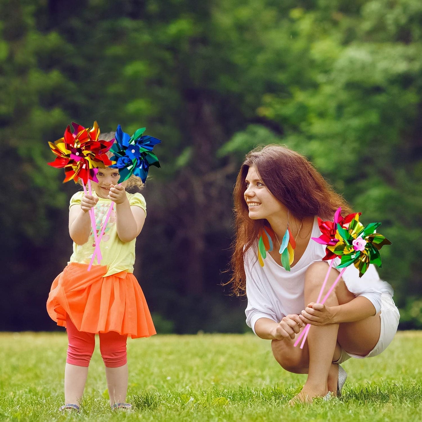 Elcoho 100 Pieces Plastic Rainbow Windmill Party Pinwheels DIY Pinwheel for Kids Toy Garden Party Lawn Decor, Assorted Color