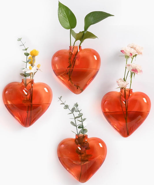 Nacome Wall Hanging Glass Planter Terrarium Plant Propagation Station, 4 Pack Heart Shape Vase for Hydroponic Home Office Garden Decor,Unique Gardening Gifts for Plant Lovers Women Mom(Orange)