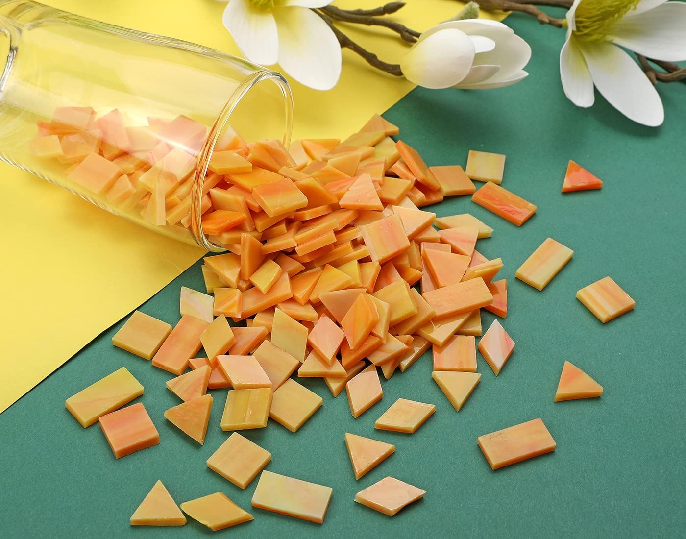 Lanyani 200 Mixed Color Glass Mosaic Tiles - 4 Shapes, Tiffany Stained Glass Pieces for Crafts, Pumpkin Orange