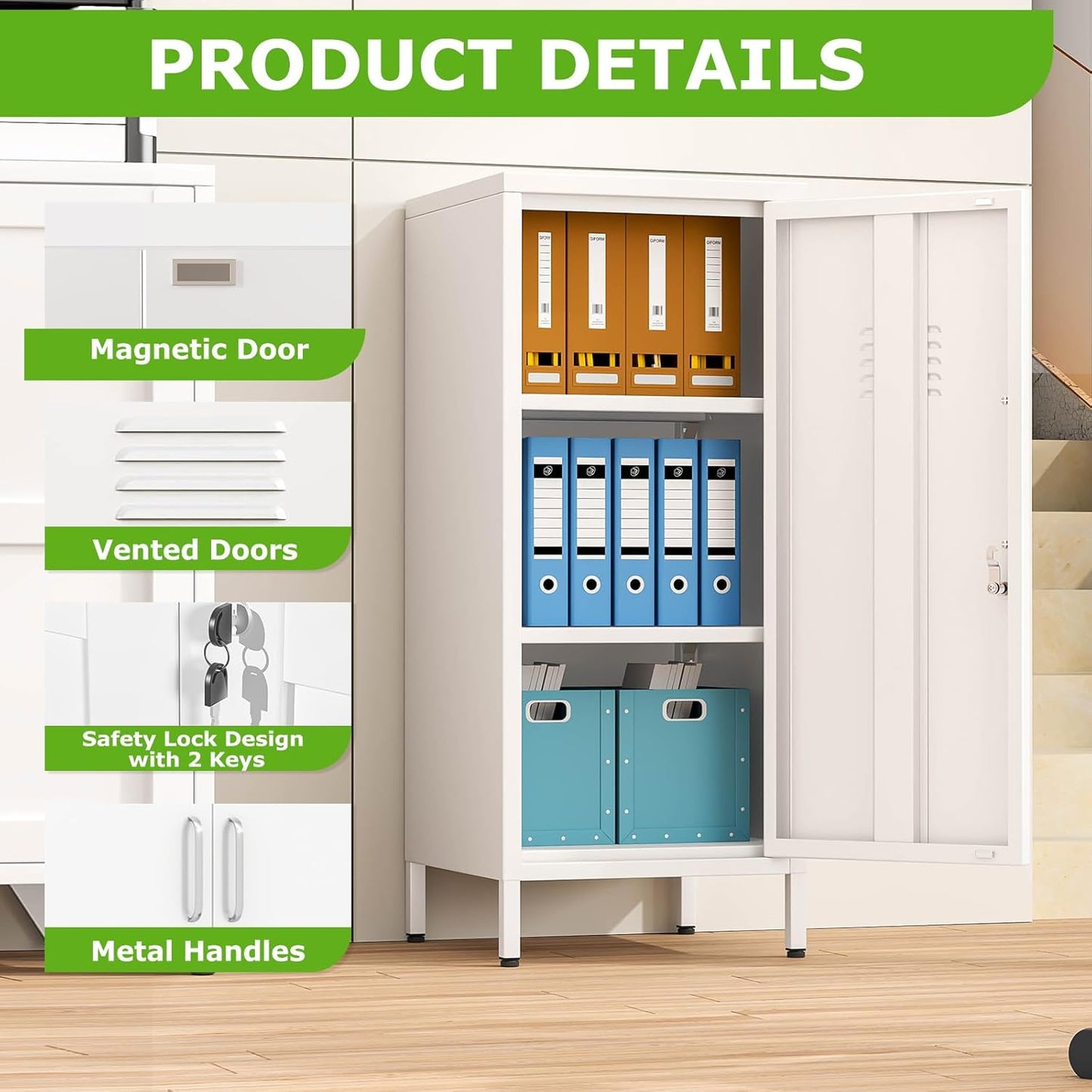 35" Metal Storage Locker, Lockable Employees Metal Locker with Door and Adjustable Shelves, Steel Locker for Home, School, Office, Gym (White)