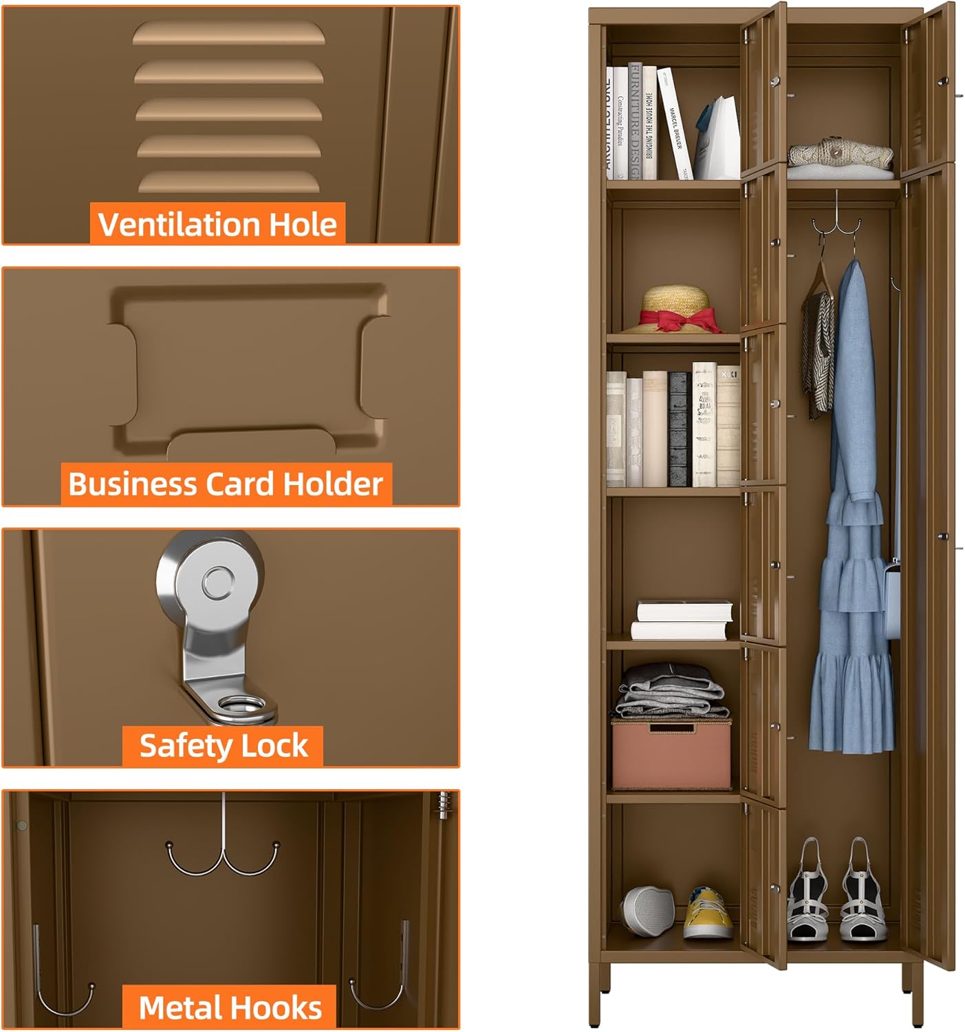 72" H Metal Storage Lockers with Doors and Rod,Industrial Combination Employee Lockers for Office,Home Gym,School,Assembly Required,7+1Doors,Coffee