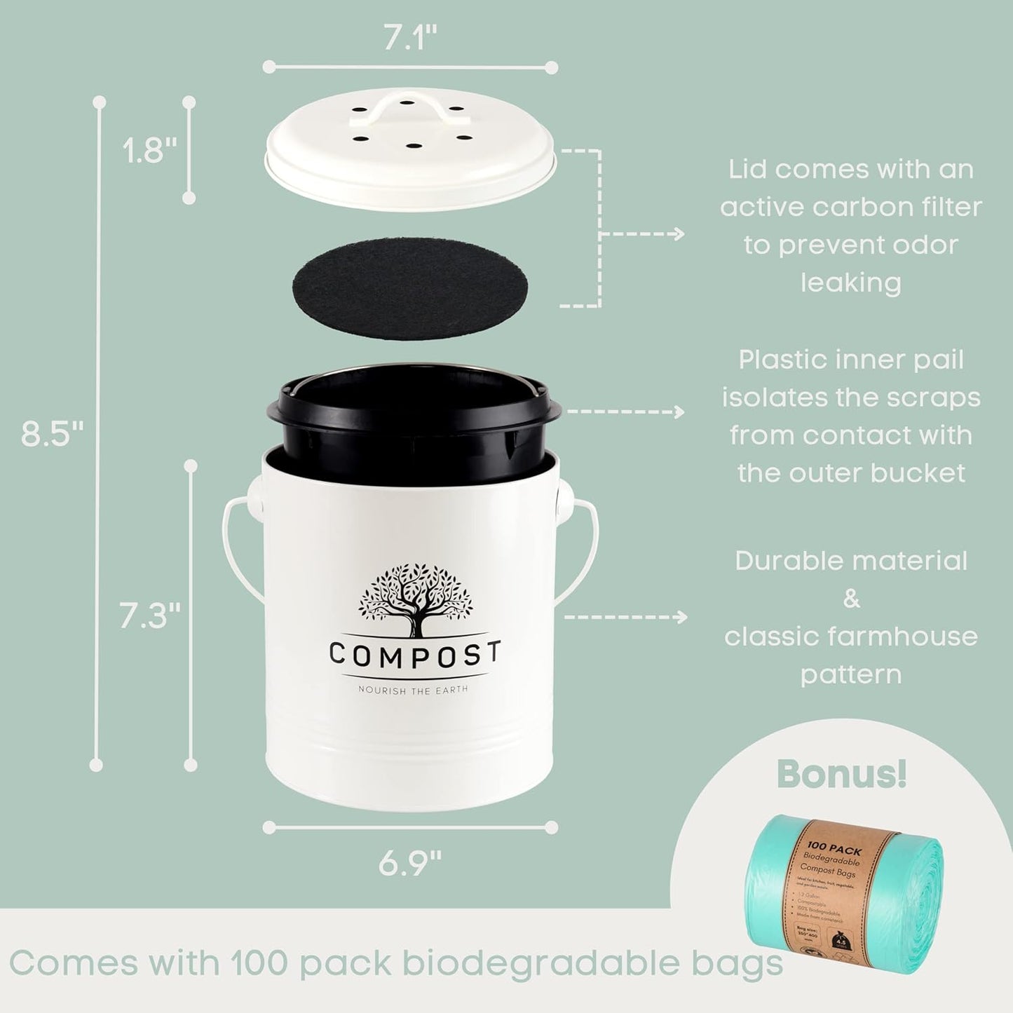 Perfnique Kitchen Compost Bin, 1.3 Gallon Countertop Compost Bin with Lid, Indoor Compost Bucket Includes Inner Bucket Liner and Carbon Filter, Small Compost Bin with Trash Bags (with Bags, Cream)