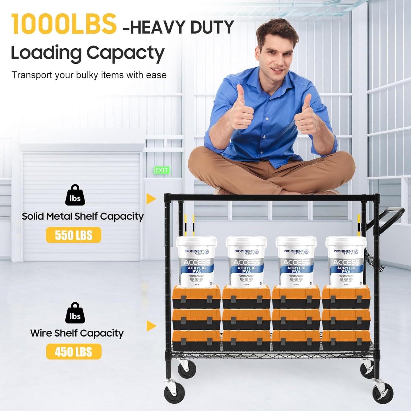 WDT 2-Tier Utility Cart with Wheels, Metal Cart with 1000LBS Capacity, NSF Heavy Duty Rolling Cart, Commercial Grade Serving Tool Storage Carts for Warehouse Garage Kitchen, 24"D x 45"W x 39"H, Black