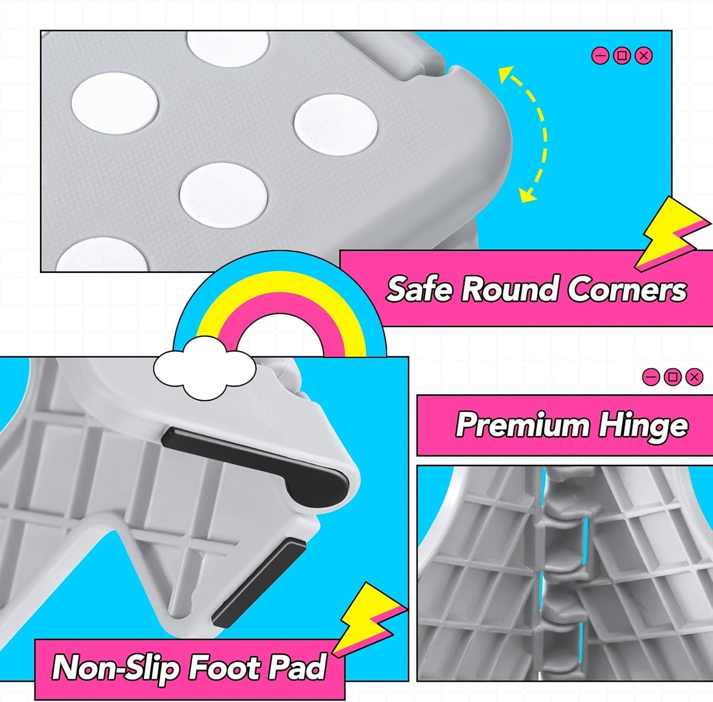 Delxo Folding Step Stool, 11 inch Non-Slip Foldable Stools for Kids & Adults Up to 300 LBS, Step Stool with Handle, Lightweight for Kitchen, Bathroom, Bedroom, Garden, Grey, 1PC