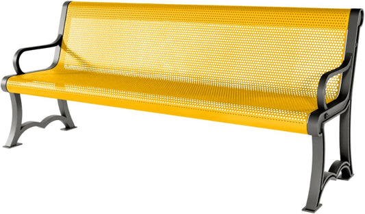 Heavy-Duty Outdoor Bench Thermoplastic Coated, Punched Steel, Commercial-Grade Garden Bench, Made in America (Portable with Back, 6 Ft, Textured Yellow)