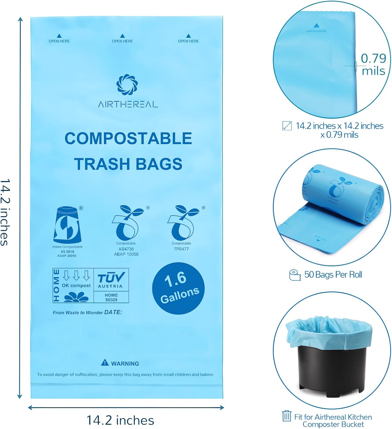 Airthereal Compostable Trash Bags, Kitchen Food Scrap Waste Compostable Trash Bags for R500 Revive Electric Kitchen Composter, OK Compost Home and TUV Certified (1.6 Gallon, 150 Count, Blue)