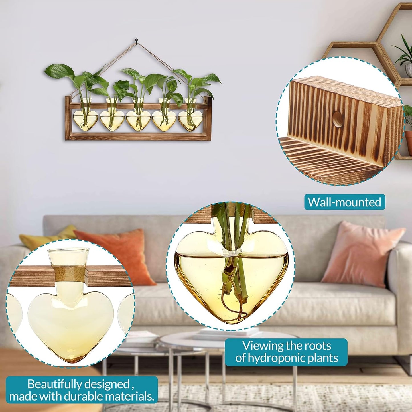 Plant Terrarium Hanging Propagation Stations Gift for Women Air Plants Holder with Wooden Stand Heart Glass