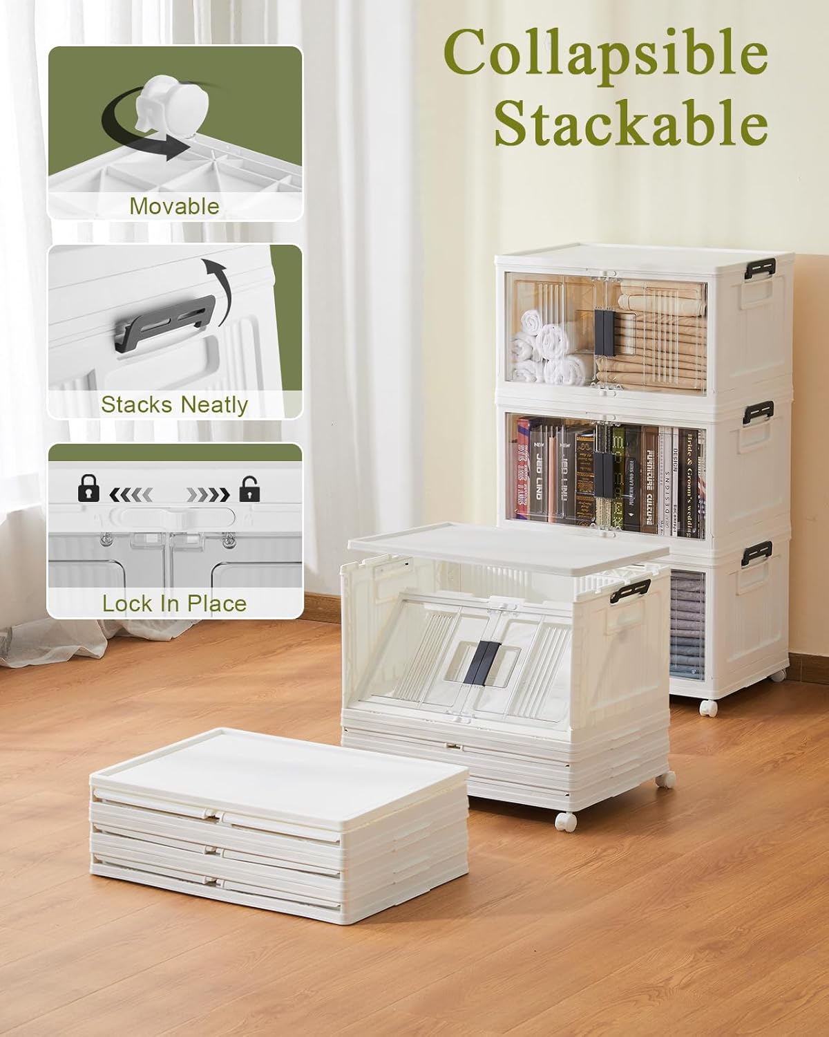 OlarHike 144QT Lockable Storage Bins with Lids - Folding Storage box with Doors and Wheels, Collapsible Plastic Storage Bins for Closets, Stackable Storage Organizer, Storage Containers, 3 Pack Cubes