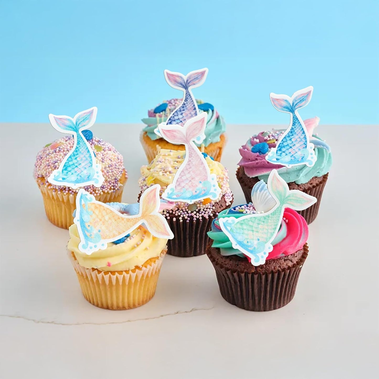 Ephlyn 54Pcs Edible Mermaid Tail Cupcake Toppers Wafer Paper Mini Under the Sea Mermaid Tail Cake Topper Decoration for Ocean theme Birthday Party Supplies Pink Blue Purple