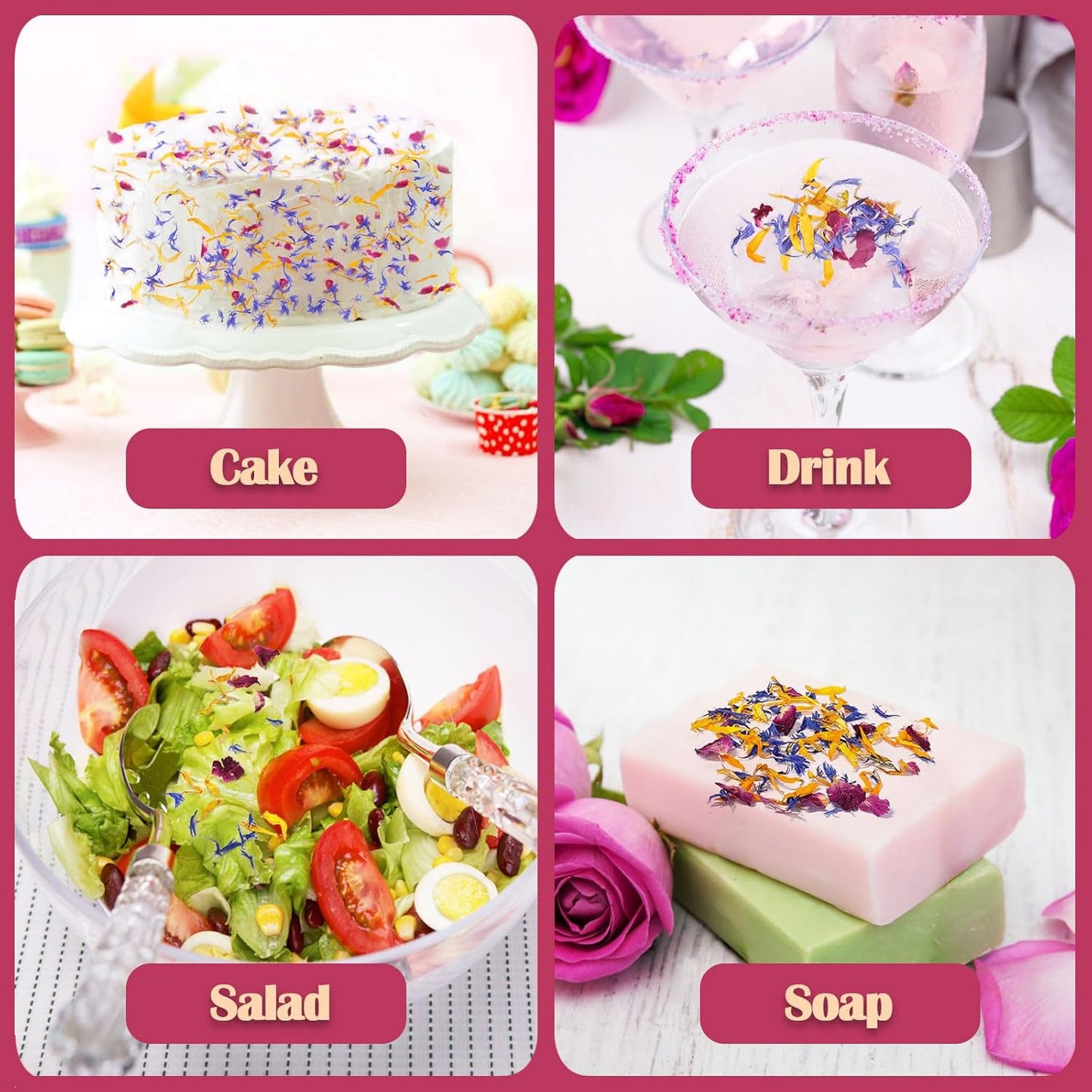 FullChea - Mixed Edible Flowers - 1oz/29g - Natural Dried Calendula, Cornflower, and Rose Petals - Culinary Grade - Cake Decorations - Caffeine-Free - Perfect for Cakes & Drinks