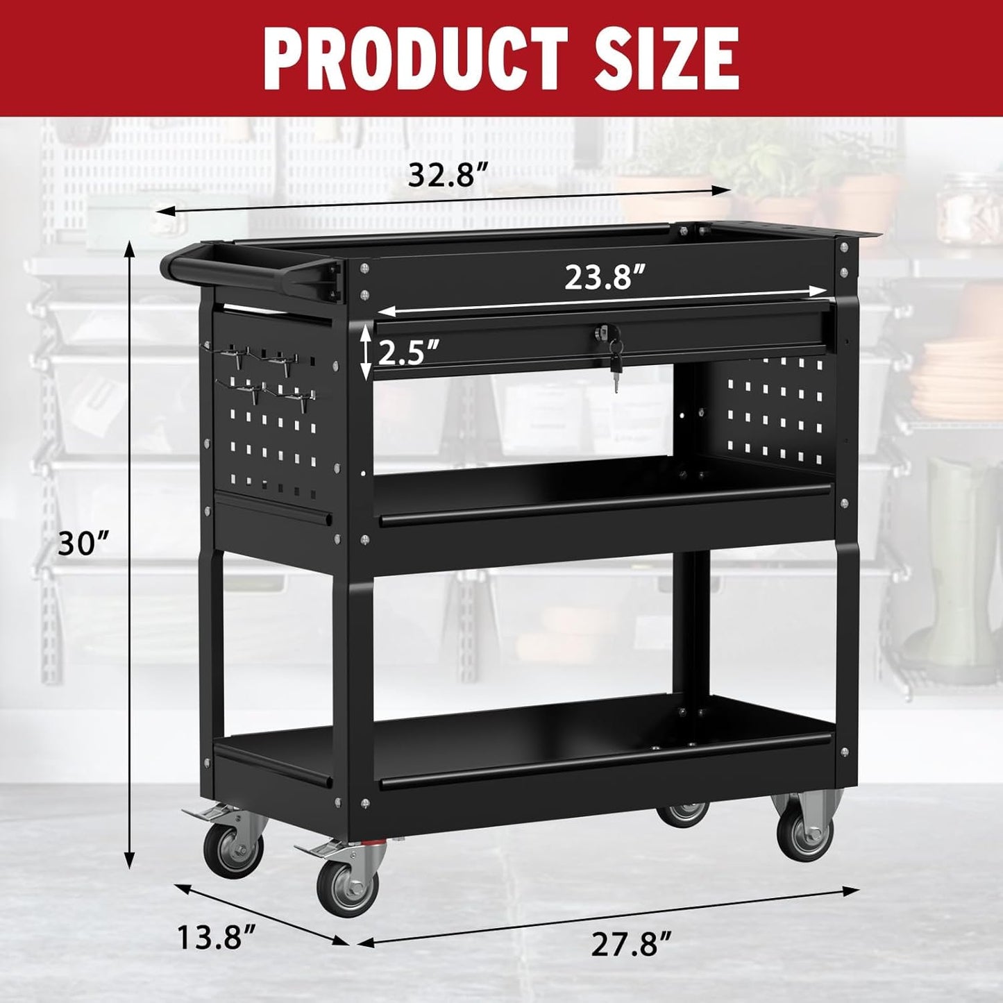 3 Tier Rolling Tool Cart, Heavy Duty Tool Cart on Wheels, Metal Utility Cart with Locked Drawers, Ideal for Garage, Warehouse and Repair Shop (Black)