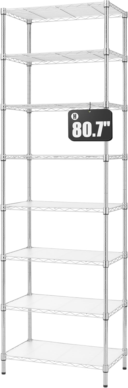 Finnhomy 8-Tier Wire Shelving Unit Adjustable Steel Wire Rack Shelving, 80.7 Inches Height 8 Shelves Metal Storage Rack, Pantry Shelves for Storage with PE mat, NSF Certified, Chrome