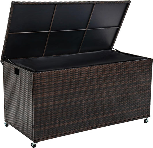 Outdoor 170 Gallon Water-Resistant Wicker Storage Box with Wheels, PE Rattan Deck Box with Waterproof Liner for Outside, Patio Storage Container with Hinged Lid, Horizontal Bin, Brown