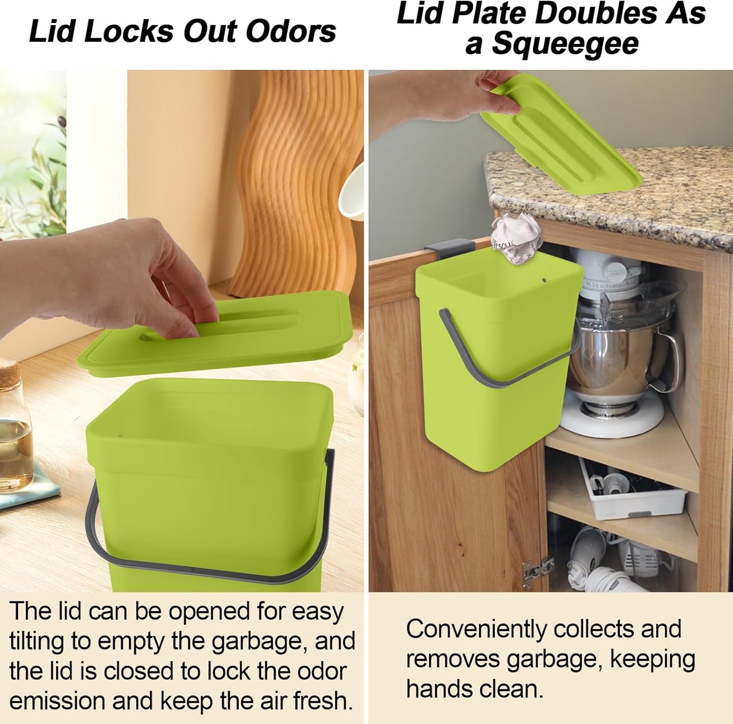 Compost Bin Kitchen, for use on Countertops or Under Sinks, Hanging Trash Can with Lid, for Cupboard/Bathroom/Bedroom/Office/Camping, Mountable Indoor Compost Bucket(Green 1.3 Gallon/5L)