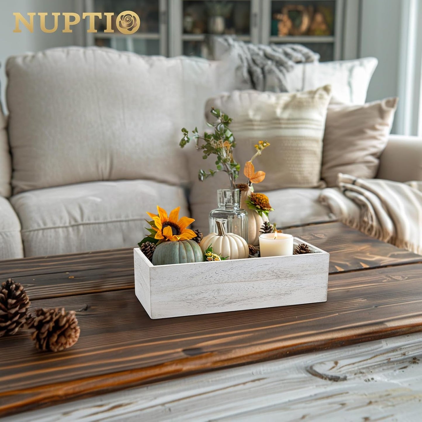 NUPTIO Flower Box Rectangle Centerpieces: 6 Pcs 11.8" Long Wood Vase Boxes Small Rustic Washed White Centerpiece Box for Wedding Tables Fall Decor
