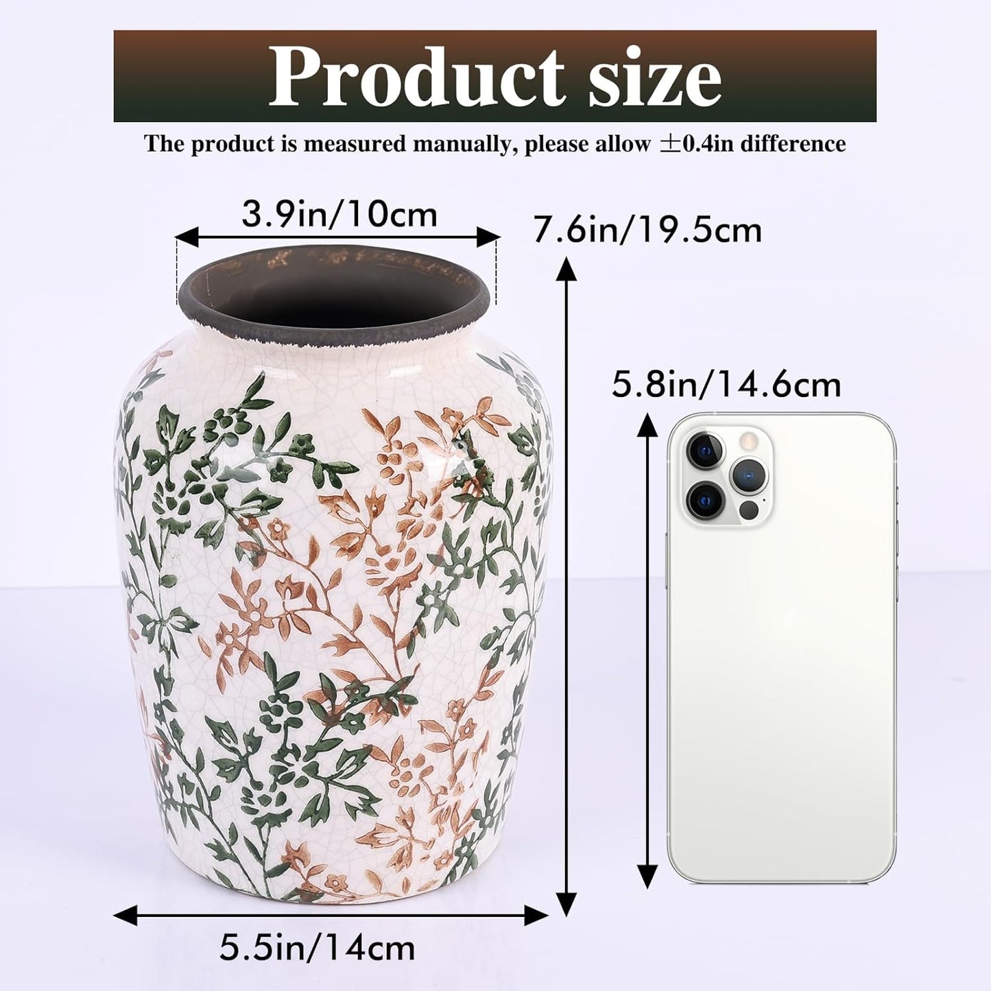 Vintage Vase for Flowers,Green Chinoiserie Ceramic Vase,Rustic Farmhouse Cracked Vases,for Flower Arrangement,Living Room, Office, Shelf, Fireplace Tables,Centerpieces,Chinoiserie Pottery Decor(D)