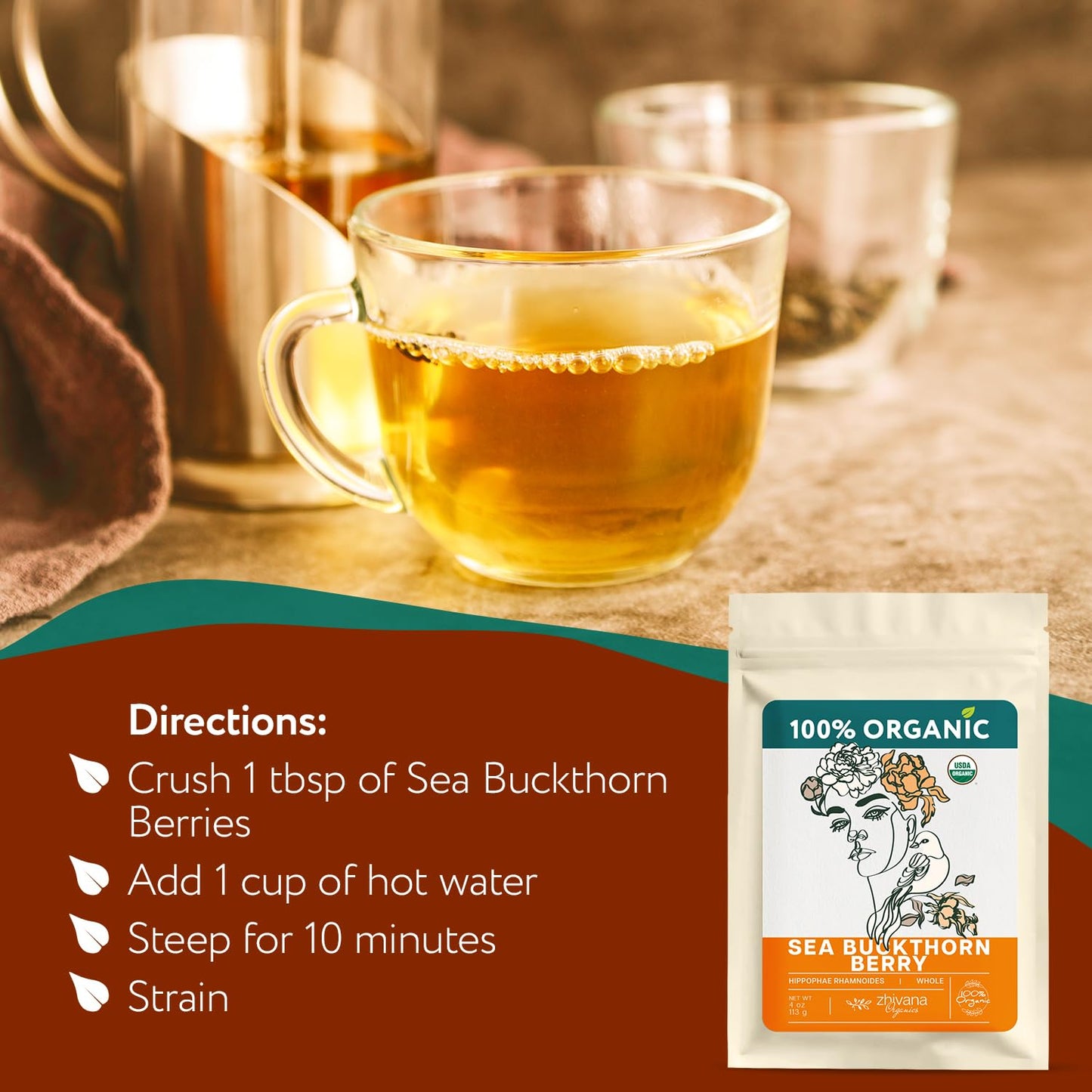 Organic Sea Buckthorn Berry – Sea Buckthorn Tea, Dried Seaberry, Seabuckthorn – Espino Amarillo – Rich in Nutrients Superfood Berries for Immunity, Heart, Digestion, Liver, Skin – 4 Ounces