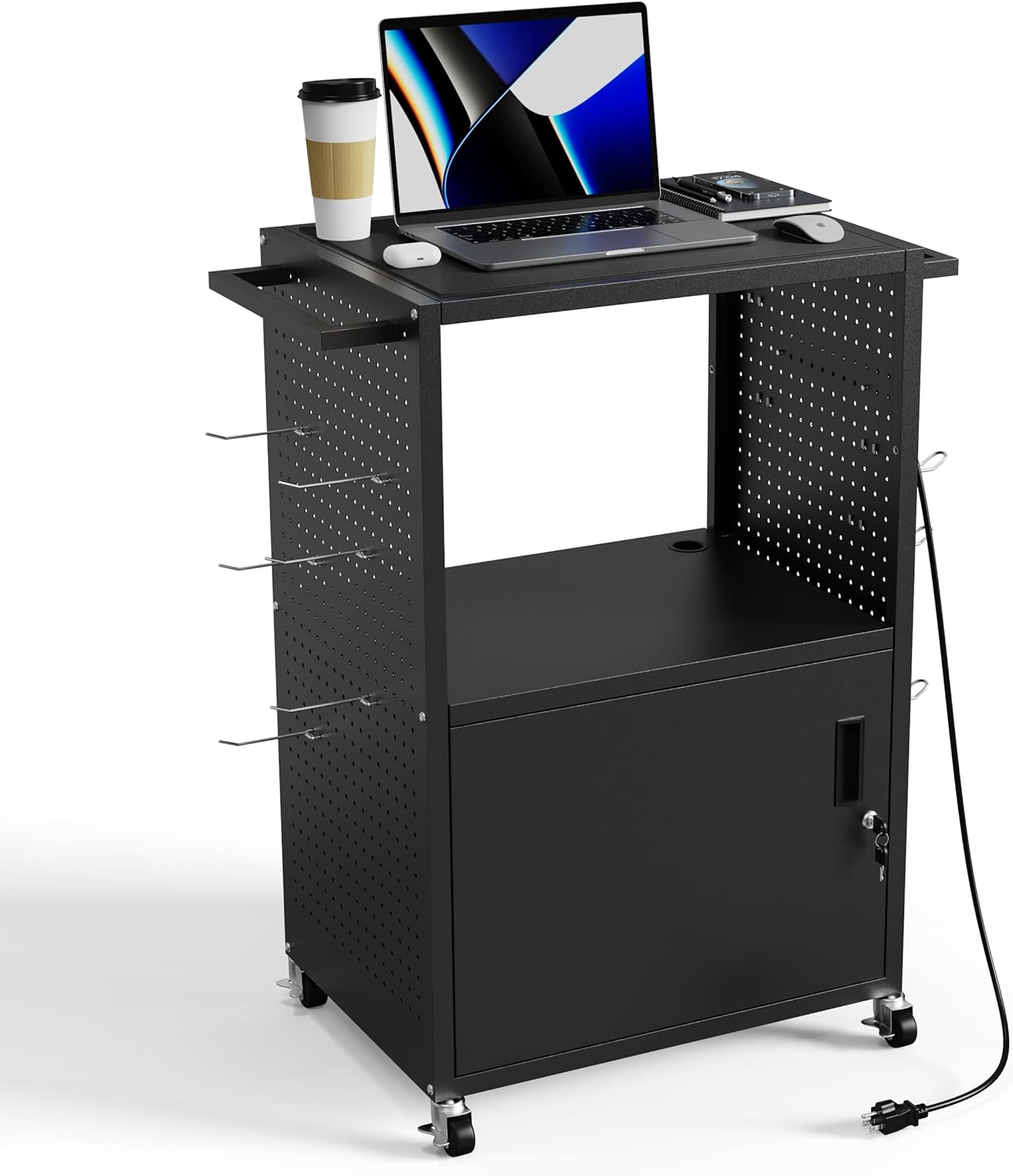 AV Presentation Media Cart Stand Up Desk with Storage Cabinet for Printer, Projector, Computers, TV, Rolling Storage Cart with Adjustable Shelves, Outlet and Cord for School Office Shop