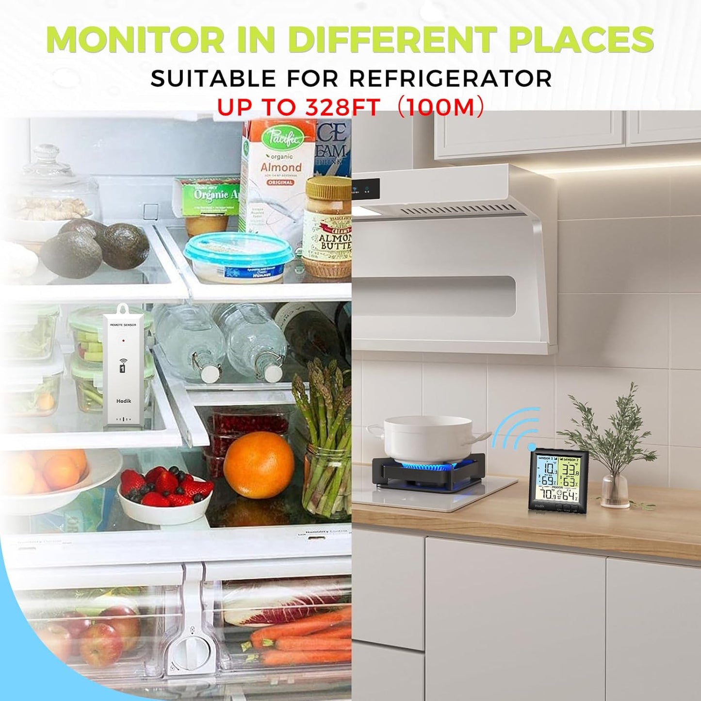 Wireless Freezer Thermometer with Alarm Refrigerator Thermometer, Fridge Freezer Alarm Thermometer Digital with 3 Adjustable Backlight and 330FT Remote Range for Kitchen Home Restaurant (Black)