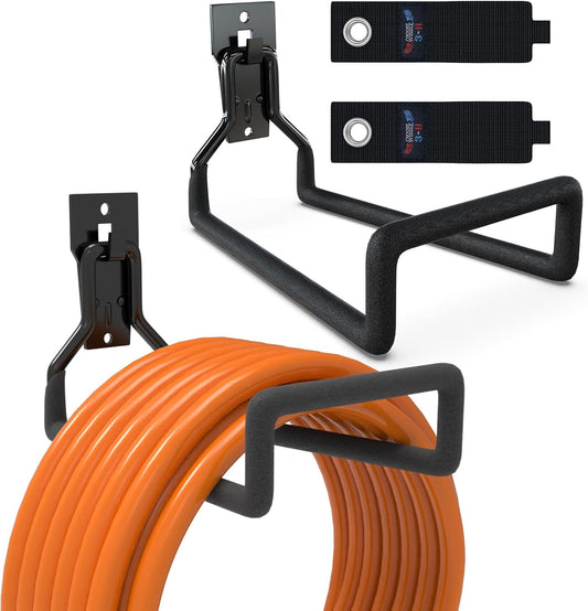 3-H Garden Hose Holder Wall Mount 2 Pack,Solid Steel Hose Hanger wih Extension Strap,Water Hose Holders for Outside to Hang Outdoor Air Hose,Ropes,Pipes,Power Tools,Ladders,Bikes,Bulk Items