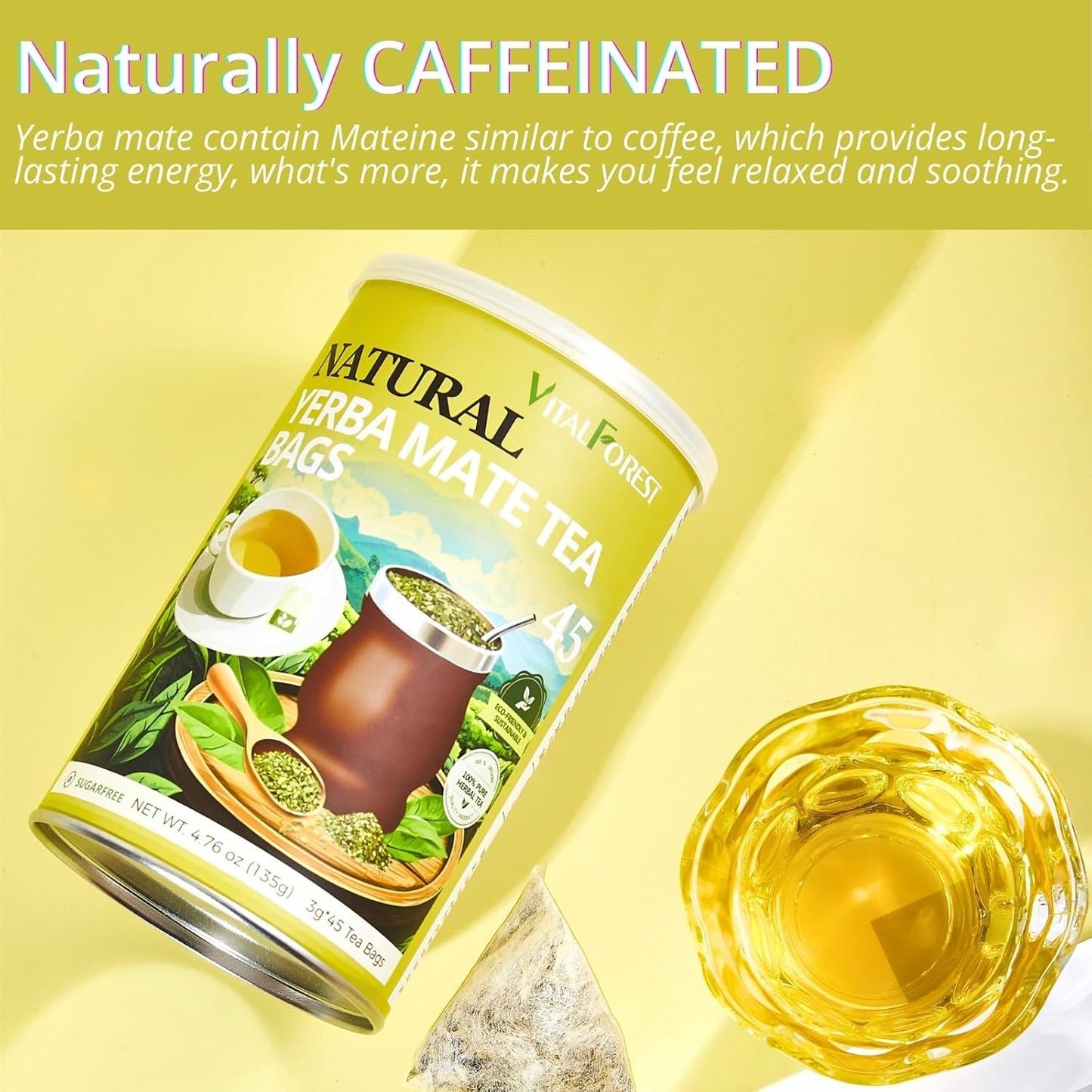 VitalForest 45 Yerba Mate Tea Bags, Unsmoked Yerba Mate from Rainforest, Energy Burst Yerba Tea Argentina, NO Dust, NO Stems, Rich In Antioxidants