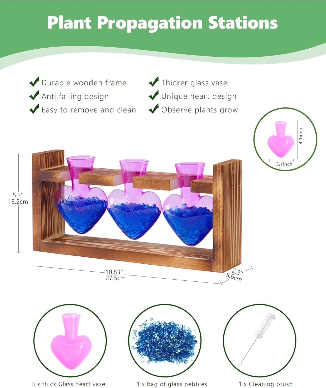 Nacome Plant Terrarium for Office Decor: Birthday Gifts for Plant Lovers Women Mom Wife - Wooden Stand Tabletop Planter 3 Bulb Glass Vase Heart Shaped for Hydroponics Indoor Home(Purple)