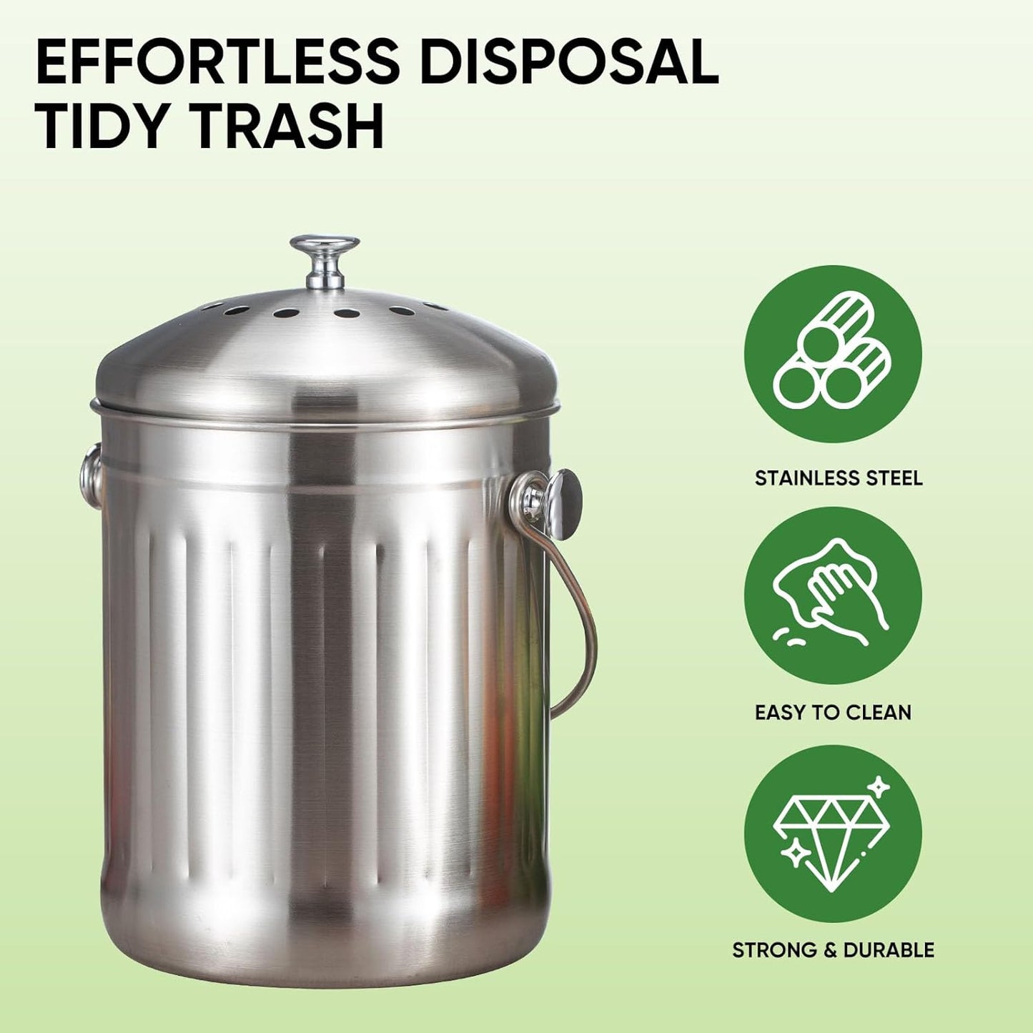 1.3 Gallon 5L Stainless Steel Compost Bin Countertop Compost Bucket Under Sink Kitchen Trash Can Composting Bucket Garbage Bin Poubelle Cuisine with Lid Charcoal Filter Indoor Silver