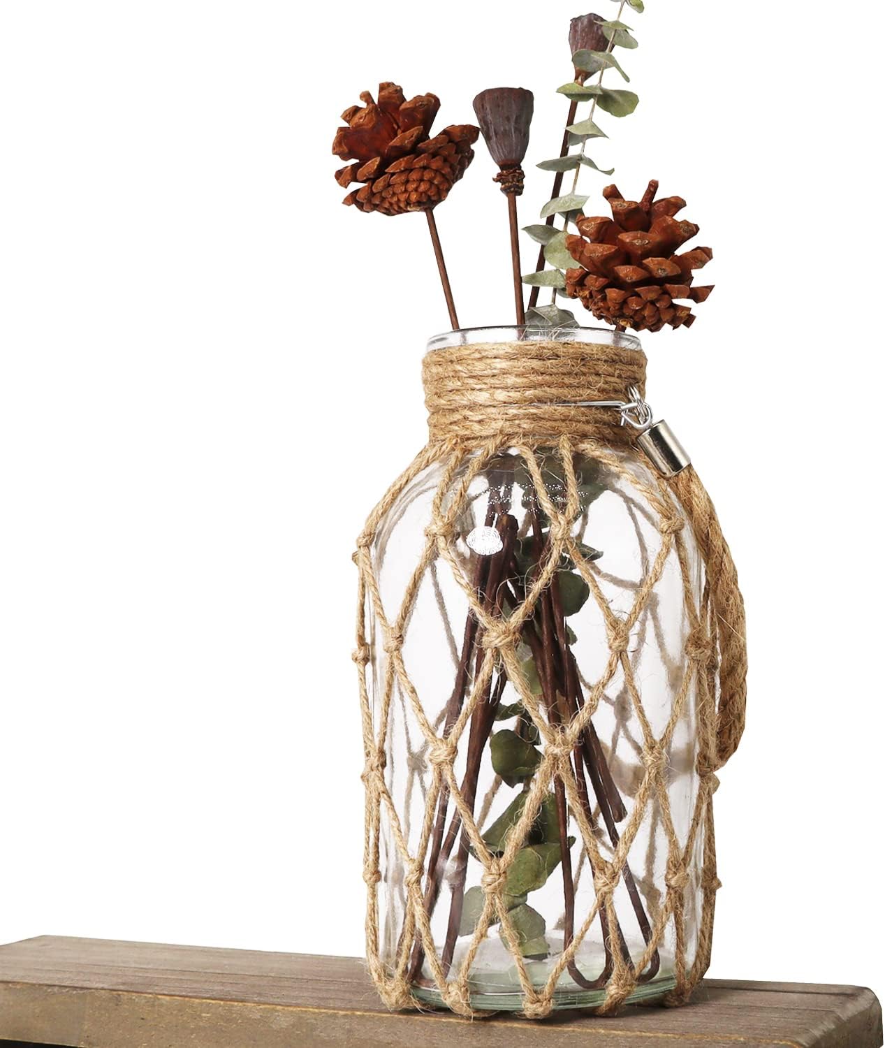 Rustic Hanging Mason Jar Creative Rope Net Dry Flower Glass Vase with Handle (1 Vase 8")