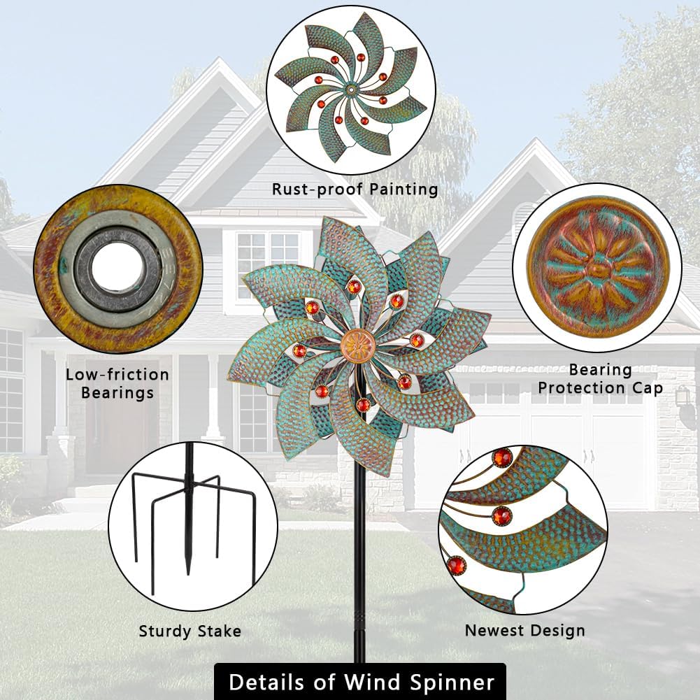 Stargarden Retro Outdoor Wind Spinners, 13.4 Inch Metal Wind Sculptures & Spinners, Kinetic Wind Spinner, Decorative Double-Side Pinwheels for Yard and Garden Decor