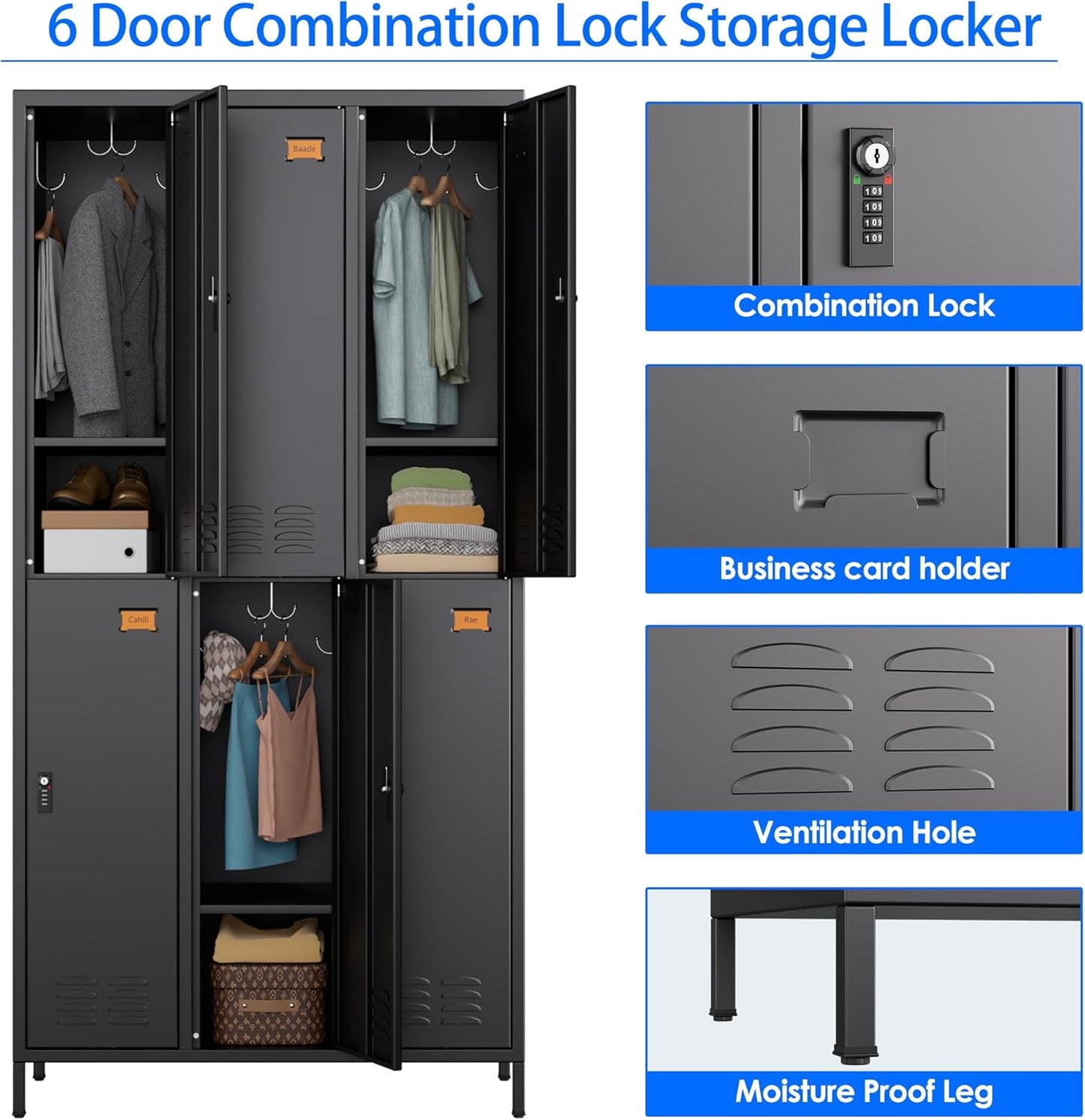 6 Doors Metal Storage Lockers for Employees with Combination Lock and Hooks,72" H Employee Lockers with Business Card Holder for Offices School Gyms Home,Assembly Required,Black